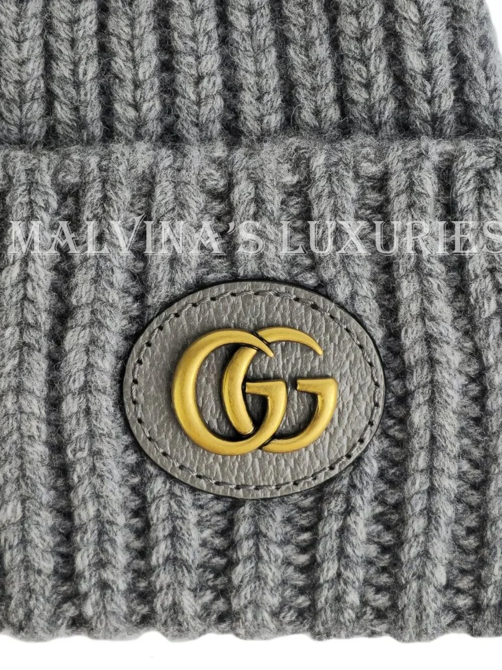 GUCCI HAT GRAY WOOL CASHMERE RIB KNIT LOGO PATCH BEANIE M / MEDIUM / 57CM